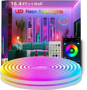 16.4FT Neon Rope Lights Flexible Led Rope Light Control with App/Remote Multiple Modes Music Sync IP65 Outdoor RGB Led Strip Lights Waterproof