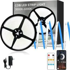 COB LED Strip Lights 50ft 6000K DC 24V Dimmable White Flexible LED Rope Lights for Bedroom with Remote and app Control LED Lights Strip for Living Room Shelf Cabinet