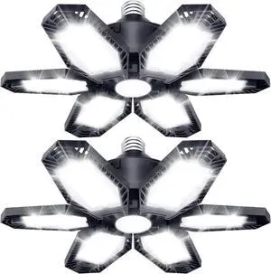 2 Pack LED Garage Lights 150W Deformable Best Ceiling Shop Lights 15000LM LED Light 6500K Garage Lighting with 6+1 Adjustable Panels Bulb for Basement