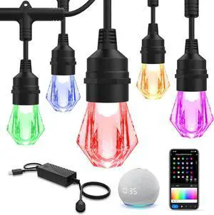 Smart Outdoor String Lights - 64ft RGBCWIC Patio Lights with 24 Color Changing Bulbs LED String Light for Outside Backyard Bistro Party APP WiFi Control Work with Alexa IP65 Waterproof