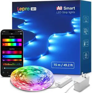 SE1 AI Smart LED Strip Lights - 49.2ft RGB Color Changing Light Strips with APP Control AI Generated Lighting Music Sync 2.4GHz Wi-Fi & Bluetooth LED Lights for Home Decor (No Remote)