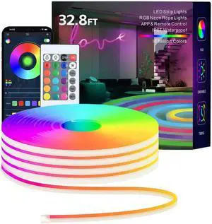 Led Strip Lights RGB 32.8FT Neon Rope Lights for Bedroom App+Remote Control Music Sync Color Changing Outdoor IP67 Waterproof for Bedroom Living Gaming Party Decoration