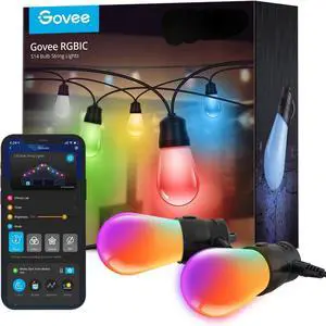 Smart Outdoor String Lights H7015 48ft RGBIC Outdoor Lights with 15 Dimmable LED Bulbs IP65 Waterproof Color Changing Warm White Lights with 47 Scene Modes for Patio Backyard App Control