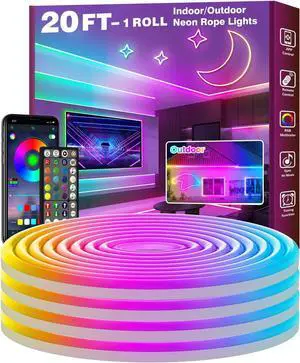 20Ft Led Rope Lights Flexible Neon Lights Control with App/Remote Multiple Modes IP65 Outdoor RGB Waterproof Music Sync Gaming Light Strip for Bedroom Decor