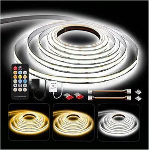 COB LED Strip Lights Tunable White(2700K-6500K) COB LED Lights with 3040 LEDs 24V Adapter RF Remote Dimmable High Density Uniform LED Strip for Bedroom Kitchen Cabinet CRI90+ 16.4ft
