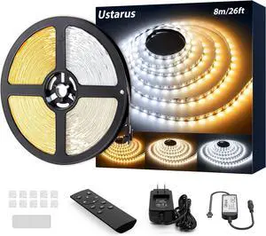 White LED Strip Lights Dimmable 26ft 24V 3000K-6500K LED Tape Rope Light with Remote Flexible 2835 LED Ribbon for Kitchen Under Cabinet Bedroom Mirror Indoor Home Daylight Warm White