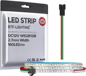 WS2812B IC RGB 2.7mm Ultra Narrow LED Strip 0807SMD DC12V Individually Addressable 3.2FT 160Pixels/m 160LED Dream Color Tape Light for Home DIY Decoration IP30 (No Adapter or Controller)