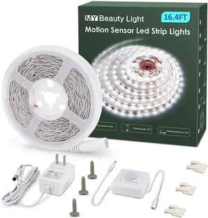 Motion Activated LED Strip Lights 16.4ft LED Light Strip with Day or Night 2 Lighting Modes 3 Timing Off Modes Bright White 12v Plug-in LED Rope Lights for Under Cabinet Kitchen