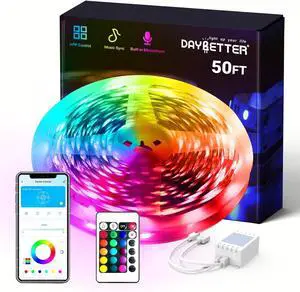 Smart RGB Led Strip Lights 50ft Led Lights for Bedroom with App Control Multicolor Changing Led Light Strips Apply for Home Decor Living Room Kitchen Home Party Decoration 12V