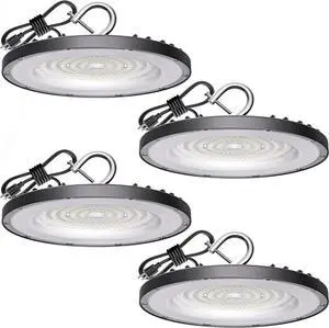 Led High Bay Light 100W 14000lm 5000K UFO Bay Lighting with US Plug 5 Cable 120V IP65 Waterproof Commercial Lights Fixture for Workshop Factory Barn Garage 4 Pack