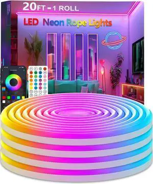 20Ft Neon Rope Lights Flexible Led Rope Lights Control with App/Remote Multiple Modes Rope Lights IP67 Outdoor Waterproof Music Sync Light Strip for Bedroom