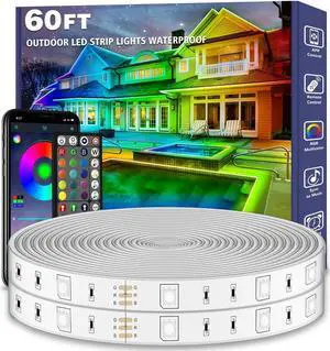 60ft Outdoor LED Strip Lights Waterproof IP68 Outside Led Light Strips Waterproof with App and Remote Music Sync RGB Exterior Led Rope Lights with Self Adhesive Back for Roof Deck Balcony
