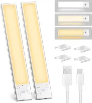 Under Cabinet Lights 2 Pack 8 inch Rechargeable Battery Operated Motion Sensor Light Indoor USB Charging Closet Lights Battery Operated with 3 Color Temps for Kitchen Stairs Home