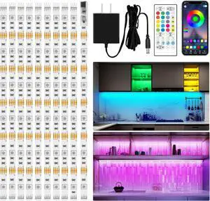 10 PCS RGB Under Cabinet Lighting Kit App and Remote Control Led Strip Lights Music Sync Color Changing Led Lights with ETL Listed Power Adapter for Cabinet Counter Shelf Bookcase 16.4ft