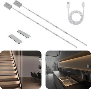 Motion Sensor LED Light Strip Indoor 2PCS Battery Powered Under Cabinet Lighting Wireless 3 Color Temperatures 6.6FT Rechargeable LED Counter Closet Strip Lights for Kitchen Stair Shelf