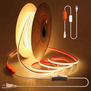 Outdoor LED Strip Lights Waterproof 150ft 1 Roll AC 110V-120V COB LED Rope Light Strip Switch with Plug Strong Self-Adhesive Warm White 3000K 288led/M High Density Uniform LED Tape Lights IP68
