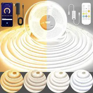 COB LED Strip Light CCT Dimmable Strips Light 2700K-6500K 9.84ft/3m 8mm Wide CRI90+ 24V LED Strips Kit with Bluetooth APP Control/Music Mode for Bedroom Kitchen DIY Lighting