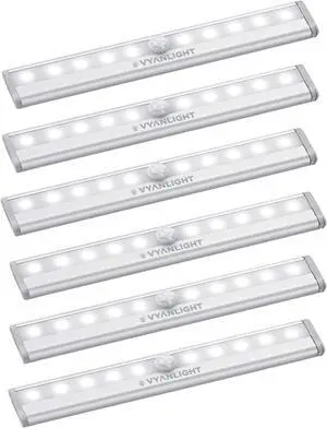 Motion Sensor LED Under Cabinet Lights 10 LED Light Strips for Closet Kitchen Bathroom Pantry - Battery Operated Wireless Peel and Stick 6 Pack