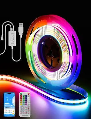 RGB Smart IC COB LED Strip Light Color Chasing 5V USB UL-Listed Multicolor Flexible Tape Light 6.56ft/2m with Music Mode/APP Control for TV Bedroom Party DIY Decoration