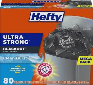 Ultra Strong 13 Gallon Trash Bags Black Tall Kitchen Trash Bags 13 Gallon Size Break Resistant Drawstring Enclosure Continuous Odor Control Blackout Clean Burst Scent 80 Bags