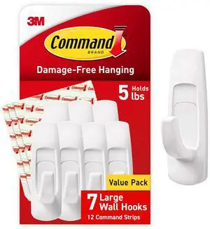 5 lb Large Utility Hooks 7 Wall Hooks and 12 Strips Damage-Free Hanging with Adhesive Strips No Tools for Hanging Organization and Storage
