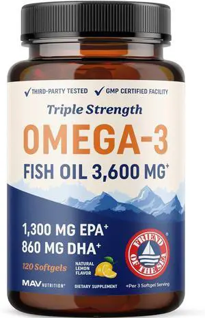 Triple Strength DHA Omega 3 Fish Oil 3600 mg | Over 2100mg Omega-3 Fatty Acids with 860mg of DHA | 1300mg EPA | Best Essential Fatty Acids | Premium Wild Caught & Burpless Fish Oil | 120 Softgels