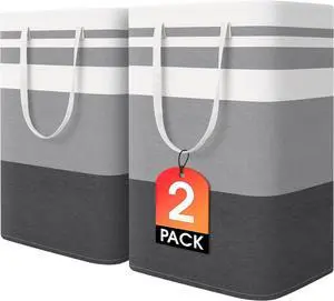 2 Pack Large Laundry Baskets Waterproof Freestanding Laundry Hampers Collapsible Clothes Hamper with Reinforced Handles in Laundry Room College Dorm Bathroom Bedroom (Grey 75Lx2)