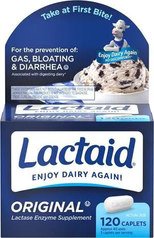 Original Strength Lactose Intolerance Caplets 9000 FCC Lactase Enzyme Caplets Helps Pre-Vent Gas Bloating & Diarrhea Due to Lactose Sensitivity in Adults & Kids Ages 4+ 120 Count