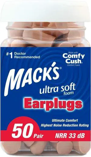 Macks Ultra Soft Foam Earplugs 50 Pair - 33dB Highest NRR Comfortable Ear Plugs for Sleeping Snoring Travel Concerts Studying Loud Noise Work | Made in USA