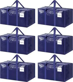6 Pack Extra Heavy Duty Large Moving Bags with Strong Zipper & Comfortable Handles Sturdy & Durable Clothes Storage Bags Totes Bins Blue Packing Moving Boxes for College Supplies Dark Blue