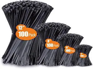 Zip Ties Assorted Sizes(4+6+8+12) 400 Pack Black Cable Ties UV Resistant Wire Ties by