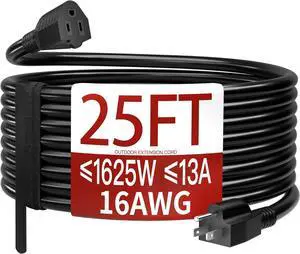 16/3 25 FT Outdoor Extension Cord Waterproof Weatherproof & Flame Retardant Black 3 Prong Power Cord Outside for Lawn & Garden 13 Amps 1625 Watts 125 VAC 16AWG SJTW ETL Listed