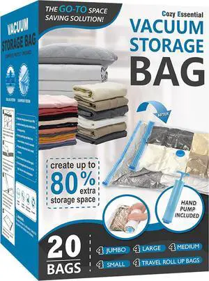 20 Pack Vacuum Storage Bags Space Saver Bags (4 Jumbo/4 Large/4 Medium/4 Small/4 Roll) Compression for Comforters and Blankets Sealer Clothes Storage Hand Pump Included