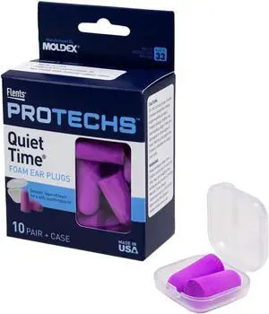 Protechs Foam Ear Plugs 10 Pair with Case for Sleeping Snoring Loud Noise Traveling Concerts Construction Studying Work Shooting NRR 33 Purple Disposable Made in the USA