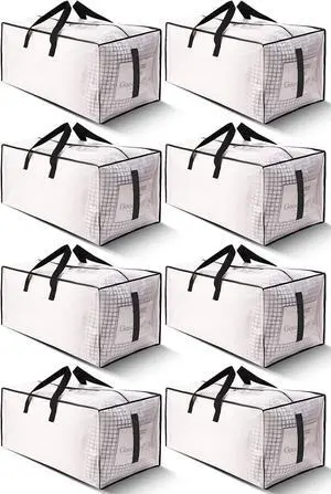 8 Pack Large Strong Moving Bags with Zippers & Carrying Handles - Water-Resistant - Heavy Duty Storage Tote for Space Saving Fold Flat Alternative to Moving Box (Semi-Transparent)