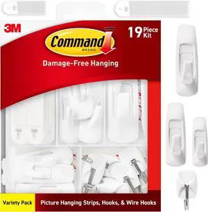 Variety Pack Including 10 Pairs of Picture Hanging Strips 6 Wire Hooks and 8 Utility Hooks for Hanging Organization and Storage Damage Free Hanging Up to 19 Items 1 Kit