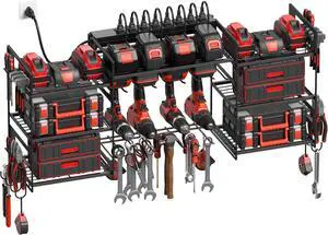 Black Power Tool Organizer Wall Mount Large Tools and Battery Storage Rack Charging Station Individual Switches. Drills Holder Garage Utility Shelves with 6FT Power Strip. Gift for Men.