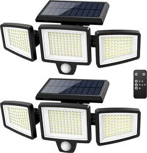 Solar Outdoor Lights 2500LM 210 LED Security Lights with Remote Control 3 Heads Motion Sensor Lights IP65 Waterproof 270 Wide Angle Flood Wall Lights with 3 Modes(2 Packs)