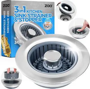 Upgraded 3in1 Kitchen Sink Drain Strainer & Sink Stopper Stainless Steel Kitchen Drain Plug & Sink Installation Parts with Anti-Clogging Basket Fit US Standard 3-1/2 Sink Drain Hole Silver