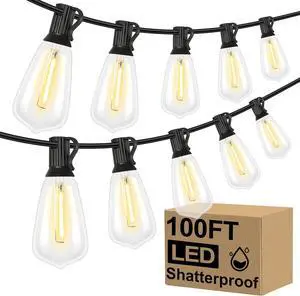 LED Outdoor String Lights 100FT Patio Lights with 52 Shatterproof ST38 Vintage Edison Bulbs Outside Hanging Light Waterproof for Porch Deck Garden Backyard Balcony Dimmable 2700K