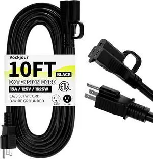 16/3 Black Indoor Outdoor Extension Cord 10 Ft Waterproof Heavy Duty Extension Cord with 3 Prong Grounded Plug 13A 1625W 16AWG SJTW Flexible Weatherproof Power Cable for Offices Gardens and Lawns