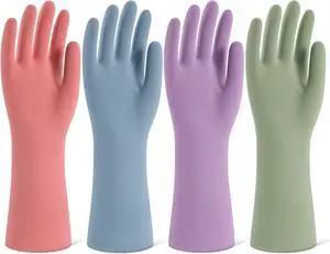 Rubber Cleaning Gloves for Dishwashing 4 Pairs Reusable Kitchen Gloves for Washing Dishes and Household Cleaning Colorful Dish Gloves with Flocked Lining and Non-Slip Grip Pefect for Woman Men - M
