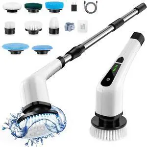 Electric Spin Scrubber Cordless Cleaning Brush Scrubber for Home 400RPM/Mins-8 Replaceable Brush Heads-90Mins Work Time 3 Adjustable Size 2 Speeds for Bathroom Shower Bathtub Glass Car