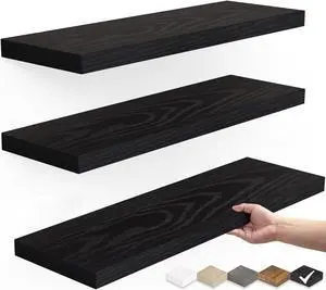 Floating Shelves for Wall Wall Mounted Rustic Wood Shelves for Bathroom Bedroom Living Room Kitchen Hanging Shelf for Books/Storage/Room Decor with 22lbs Capacity (Black Set of 3 15.7in)