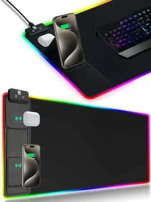 XXL Mouse Pad with Phone Holder Black RGB Desk Mat with 15W Fast Charging LED Large Gaming Mousepad with 11 Lights Colors Long Mouse Pads for Desk Waterproof Non-Slip Desk Pad for Office & Home