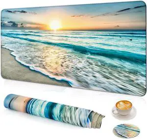 Large Gaming Mouse Pad with Coaster Desk Matt for Desktop Desk Pad Mouse Pads Mat Stitched Edges Big Extended Mousepad for Computer Keyboard Laptop Office Decor 31.5 x15.6-Beach