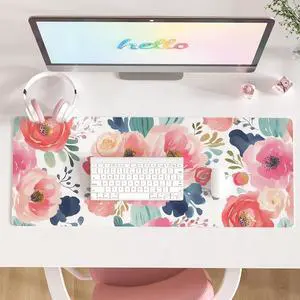 Large Mouse Pad Pink Floral Desk Mat for Desktop Women Girls PU Leather Waterproof Gaming Mousepad Computer PC Laptop Protector Flowers Desk Pads for School Office Home 31.5 x 11.8