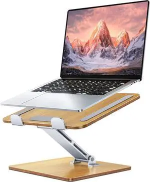 Wood + Aluminum Laptop Stand Adjustable Height Ergonomic Laptop Riser Holder Mount Portable Computer Notebook Stand for Desk Compatible with MacBook Pro/Air HP  10-16 (Walnut Grain)