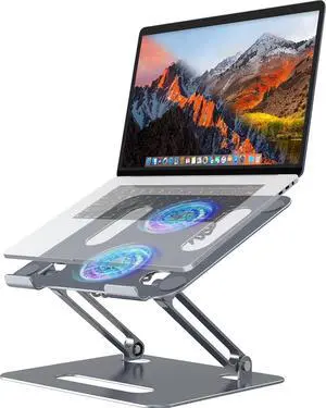 Adjustable Laptop Cooling Stand with 2 Quiet Fans & RGB Lighting Aluminum Alloy & Foldable Ergonomic Design for MacBook    10-16 Inch Perfect for Gaming DJ Office - Gray