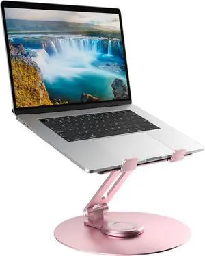 Swivel Laptop Stand for Desk Adjustable Height Aluminum Computer Stand with 360 Rotating Base Foldable Ergonomic Riser Portable Laptop Holder Compatible with MacBook All Laptops 10-17 Pink